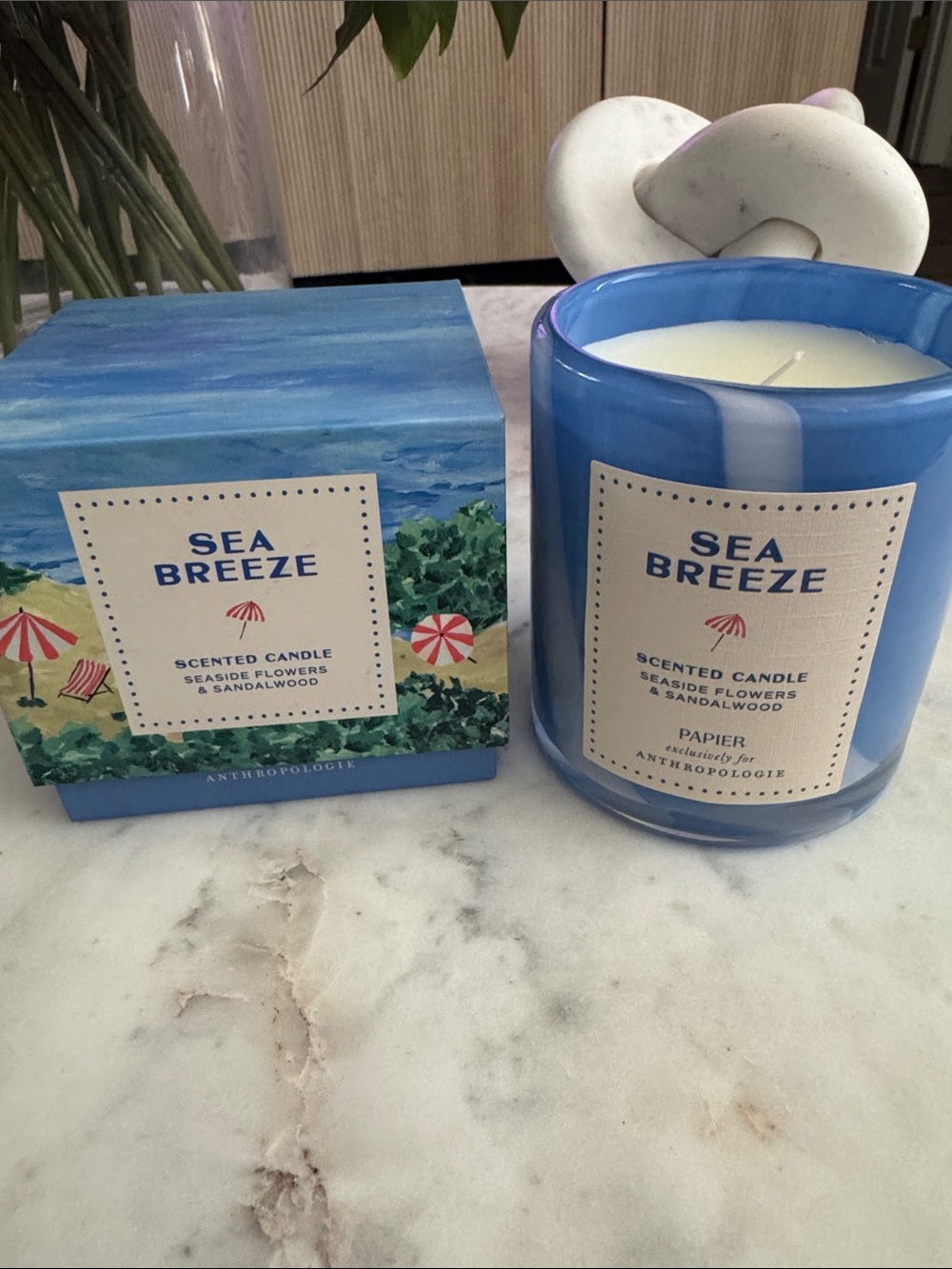 Anthropologie Sea Breeze Scented Candle - Blue and White Glass